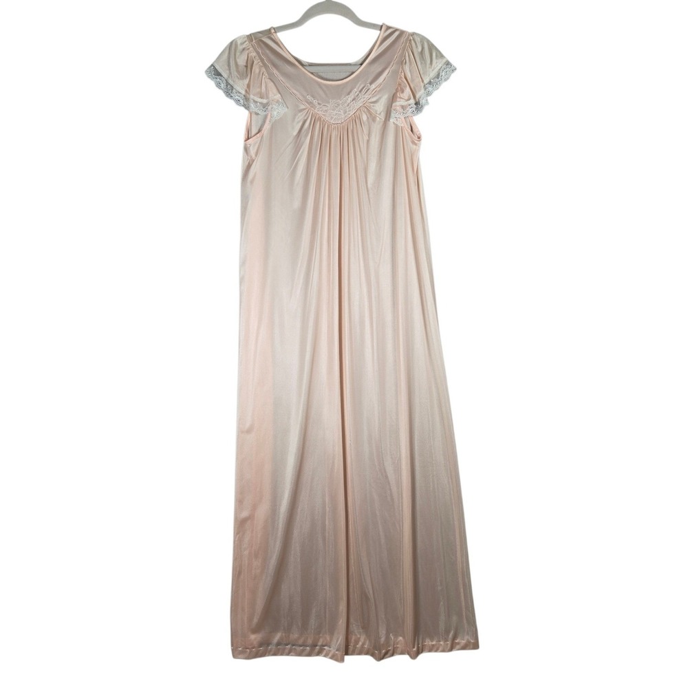 Vtg Dixie Belle Nightgown Small Peach Lace Trim Flutter Sleeve Maxi 80s USA Made